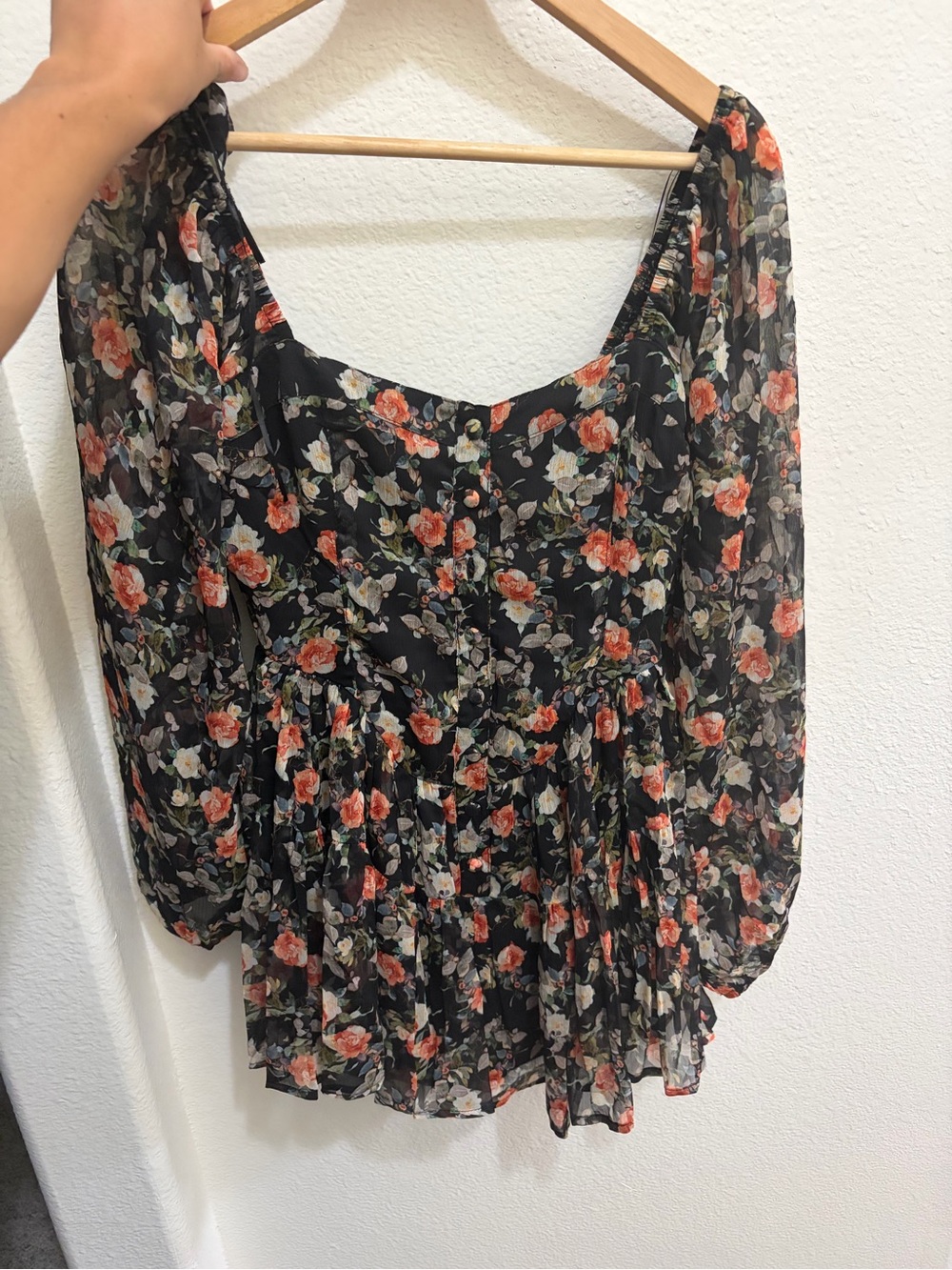 Vici Black Floral Scoop-Neck Blouse with Coral Roses